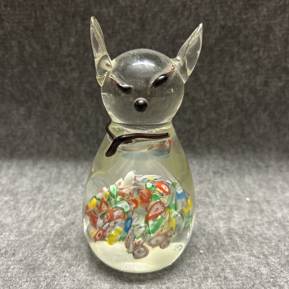 Murano-Style Glass Cat Clear Unsigned Paperweight Art Figurine Colorful Belly
